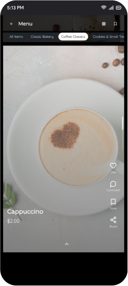 Coffee menu app showing cappuccino with heart latte art and social sharing features