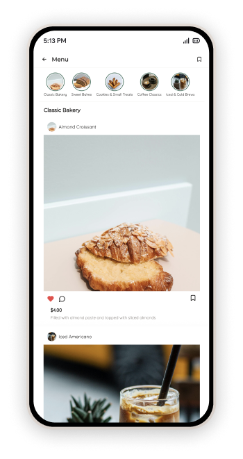 Mobile food app interface showing Instagram-style food discovery with Classic Bakery featuring Almond Croissant